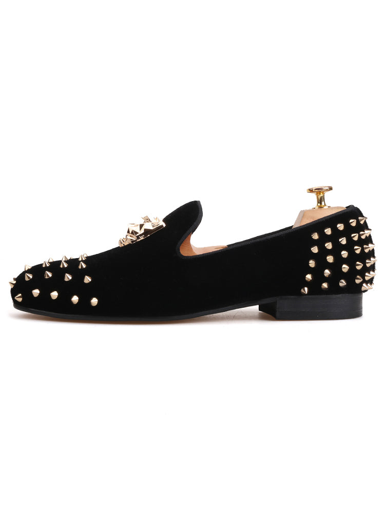 New European and American big-name PP tiger head buckle men's loafers handmade front and rear rivets velvet slip-on shoes