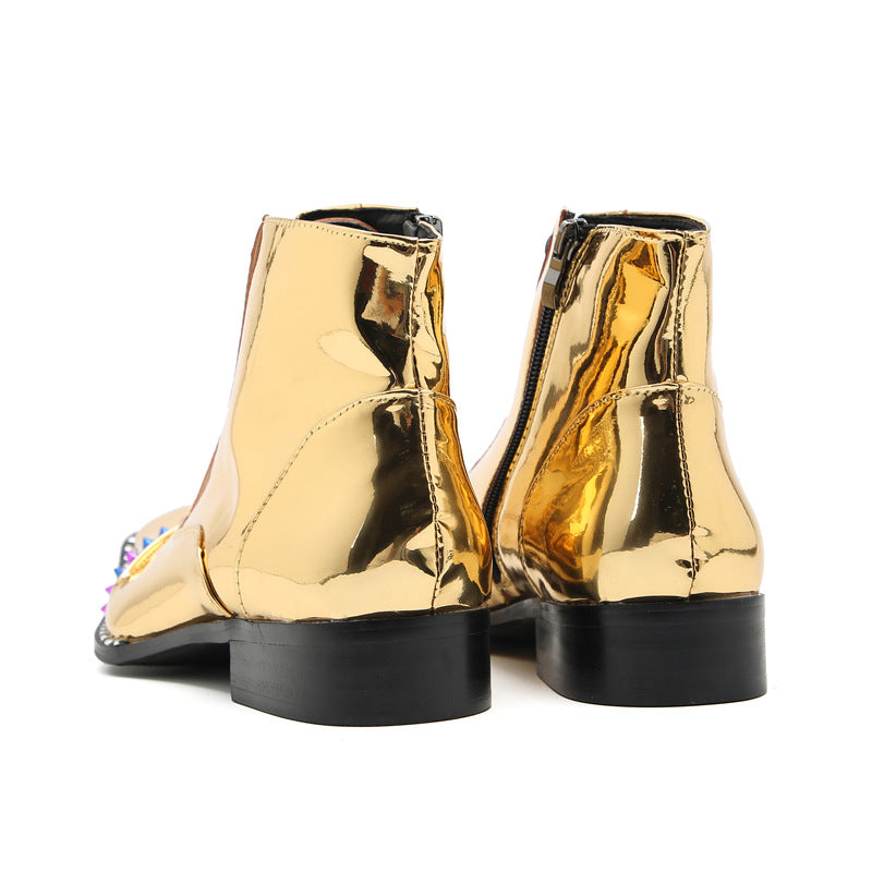 Men's Gold Leather Martin Boots – Lace-Up, Height Increasing