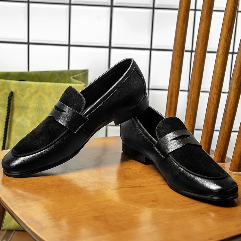 Men's Black Genuine Leather Loafers, Breathable, Slip-On