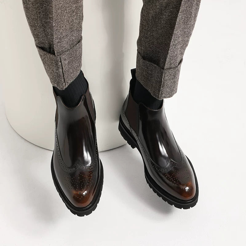 Men's Genuine Leather Chelsea Boots, Pointed Toe, Glossy