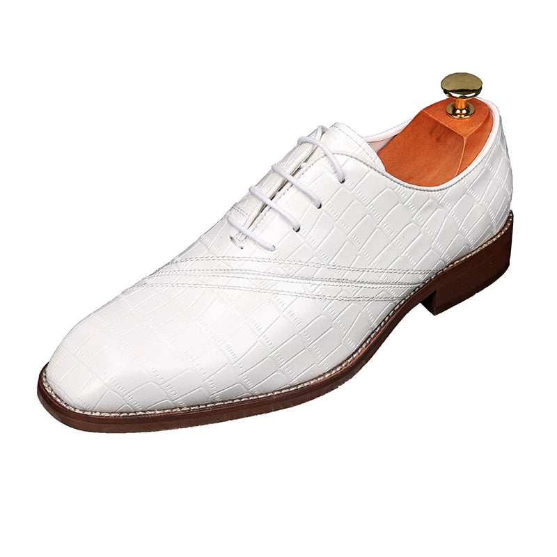 Men's White Leather Shoes, Height Increasing, Square Toe