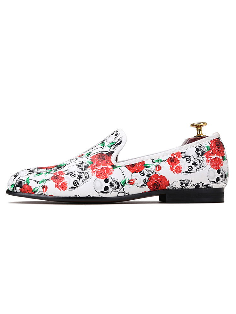 New skull mixed print white men's loafers European and American trendy banquet formal shoes single shoes for men