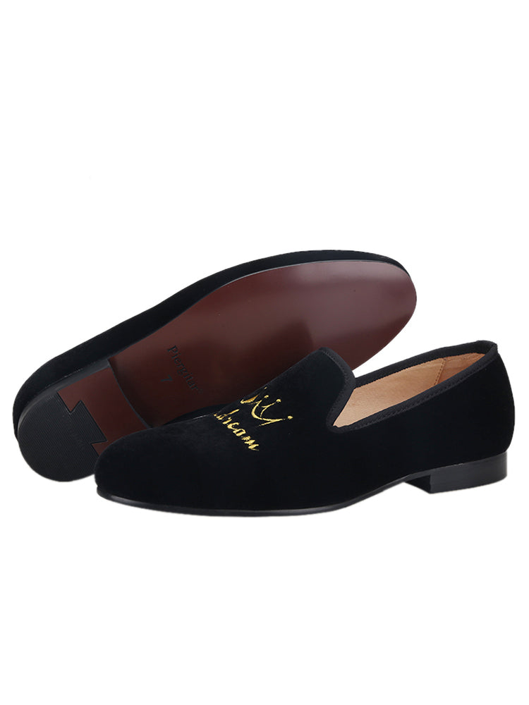 New small crown embroidery men's velvet loafers European and American British trend low-top shoes party banquet formal shoes