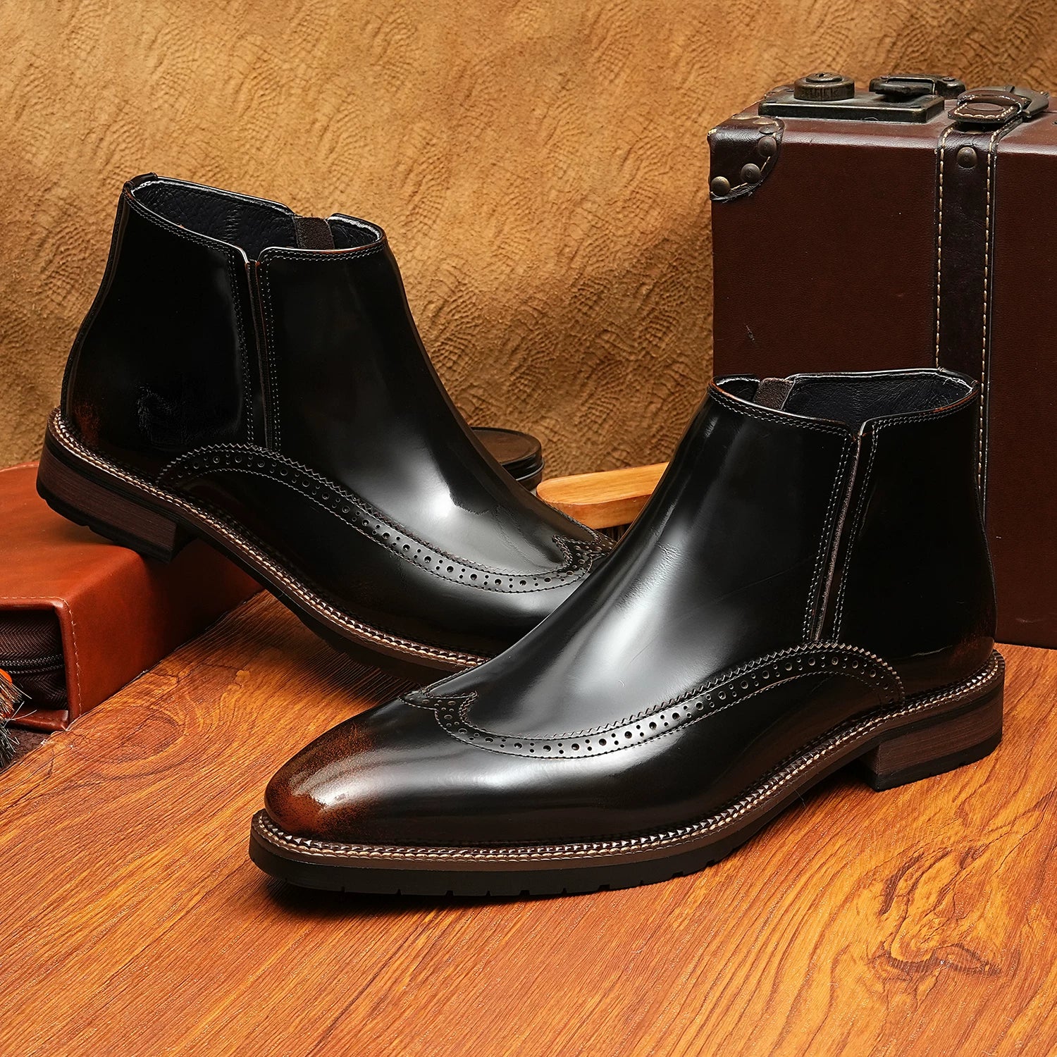 Men's Genuine Leather Martin Boots, Patent Leather, Glossy