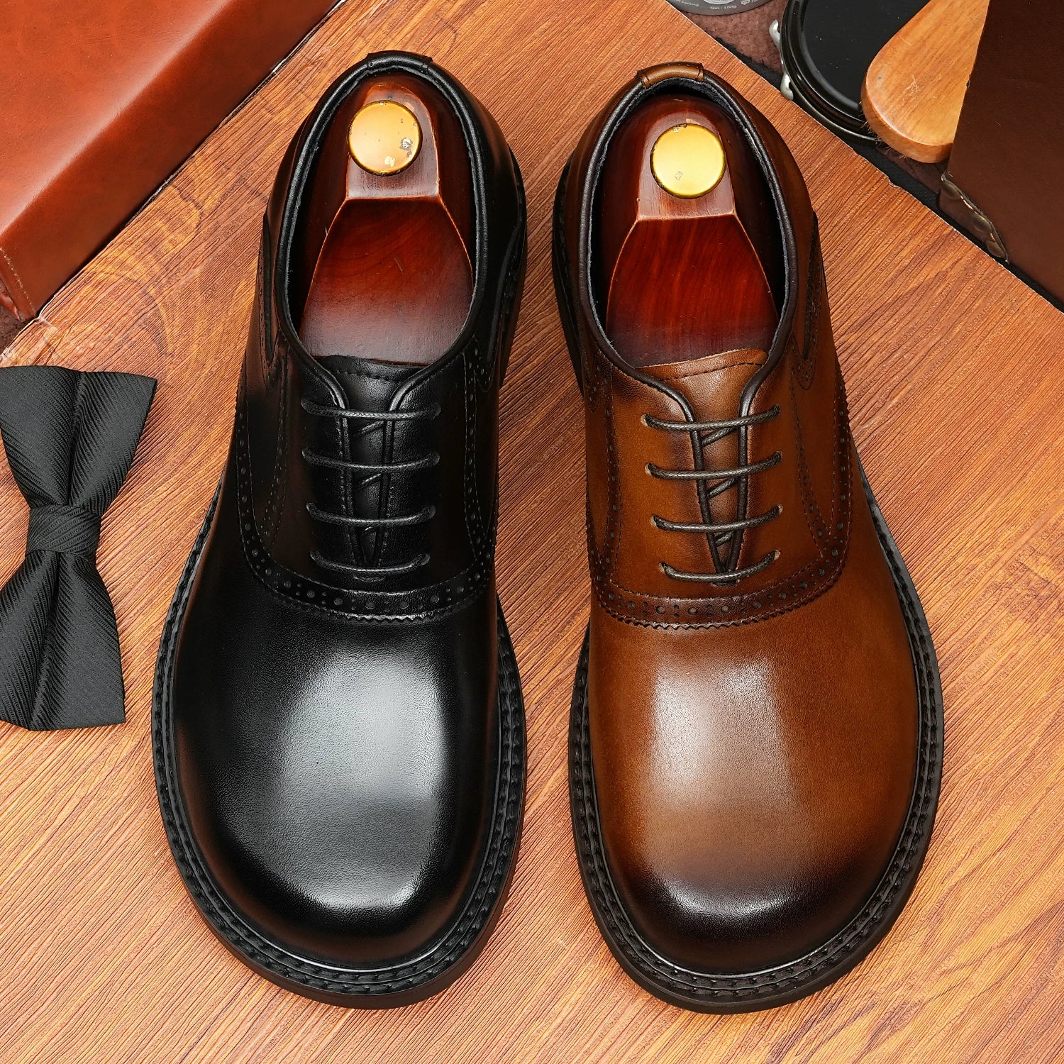 Men's Black Genuine Leather Oxford Shoes, Round Toe, Business