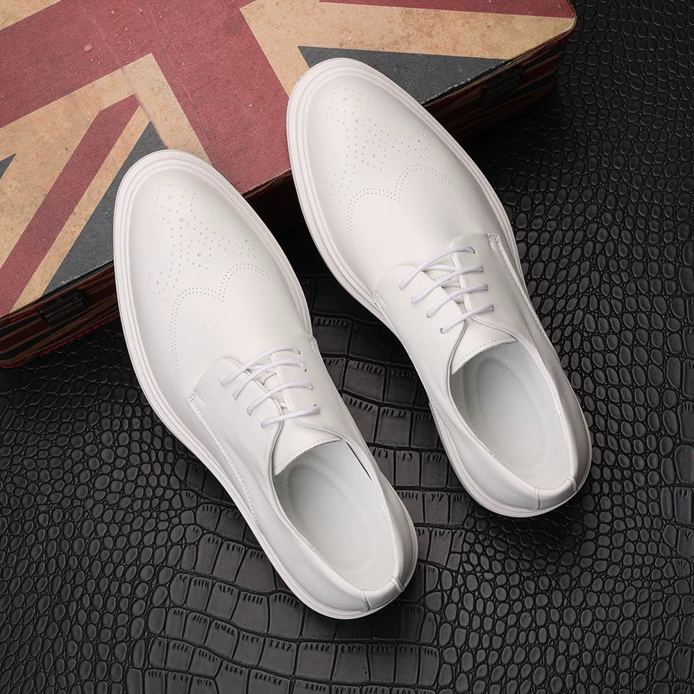 Men's White Derby Shoes, Height Increasing, Pointed Toe