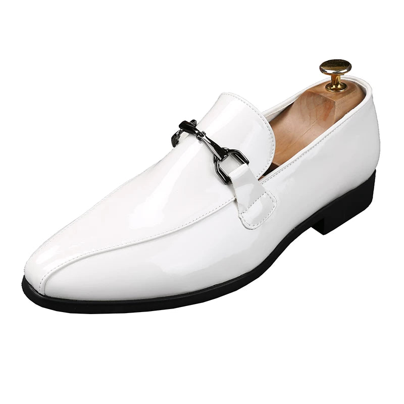 Men's White Patent Leather Loafers, Height Increasing, Pointed Toe