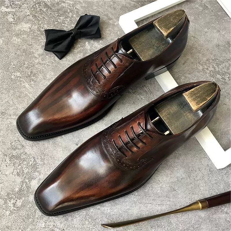 Men's Genuine Leather Derby Shoes, Square Toe, Lace-Up