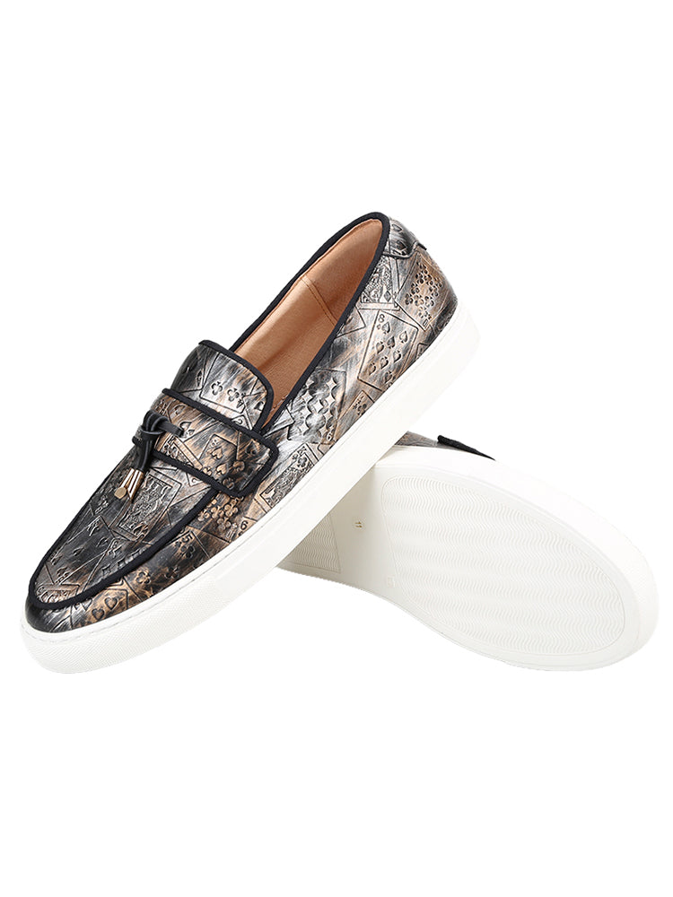 Designer bronze silver concave and convex microfiber leather men's casual sneakers with metal tassels white thick-soled sneakers