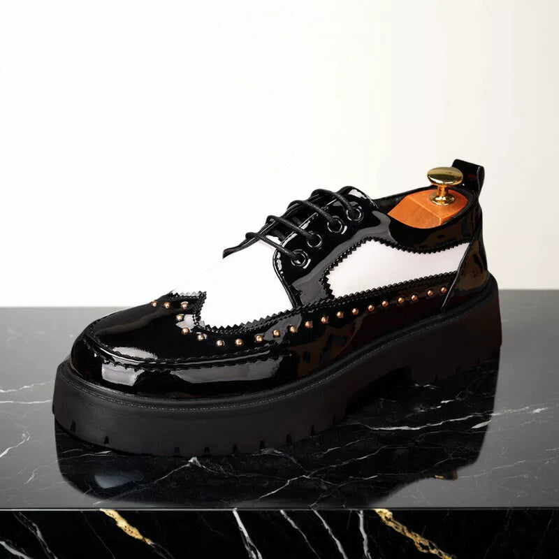 Men's Patent Leather Derby Shoes, Thick Sole, Round Toe