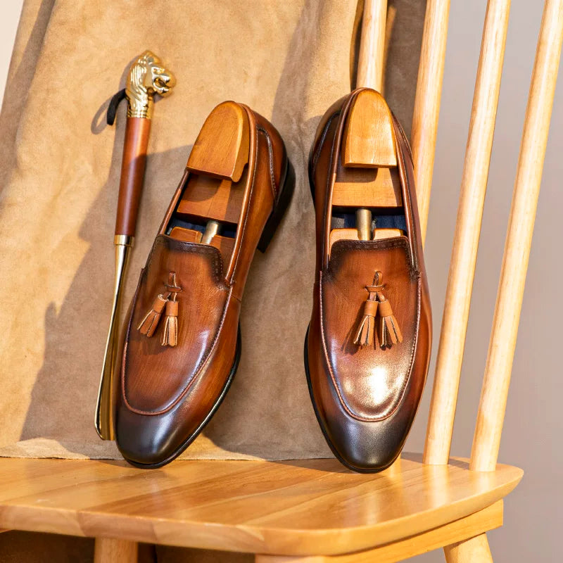 Men's Brown Genuine Leather Loafers, Slip-On, British Style