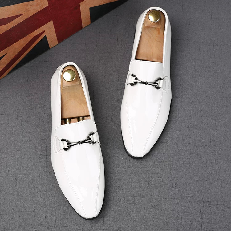 Men's White Patent Leather Loafers, Height Increasing, Pointed Toe