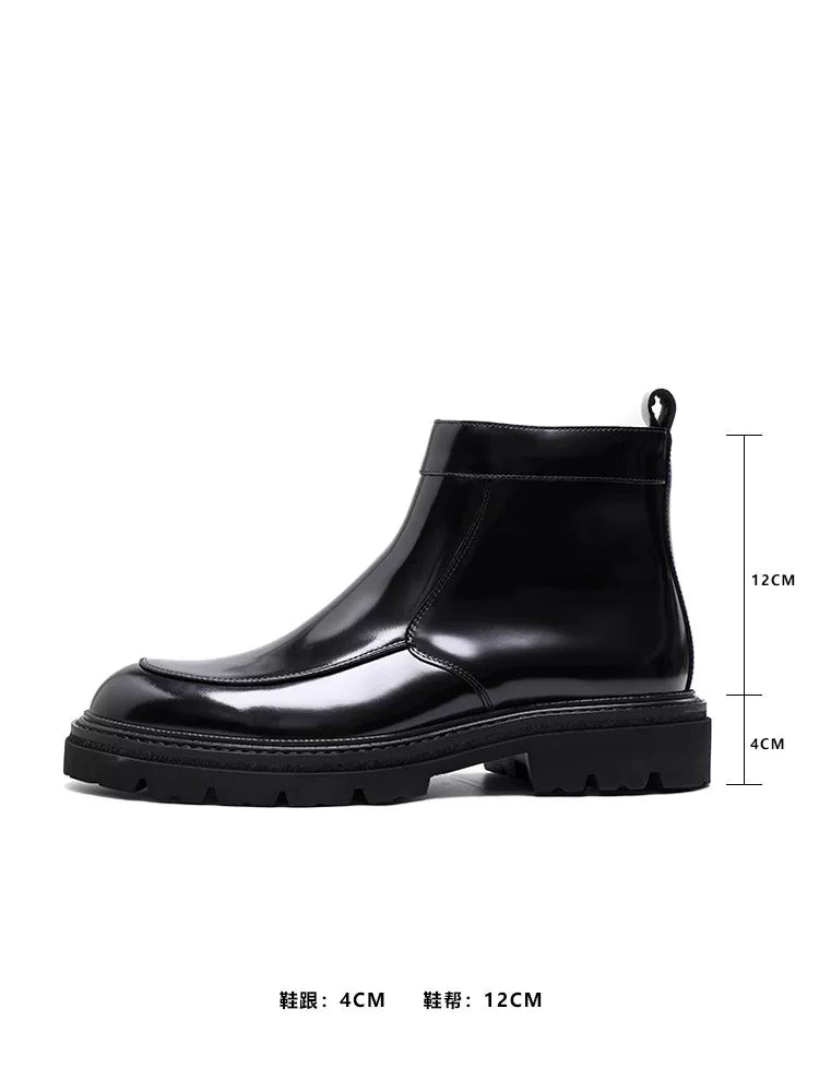 Men's Genuine Leather Martin Boots, Thick Sole, Glossy