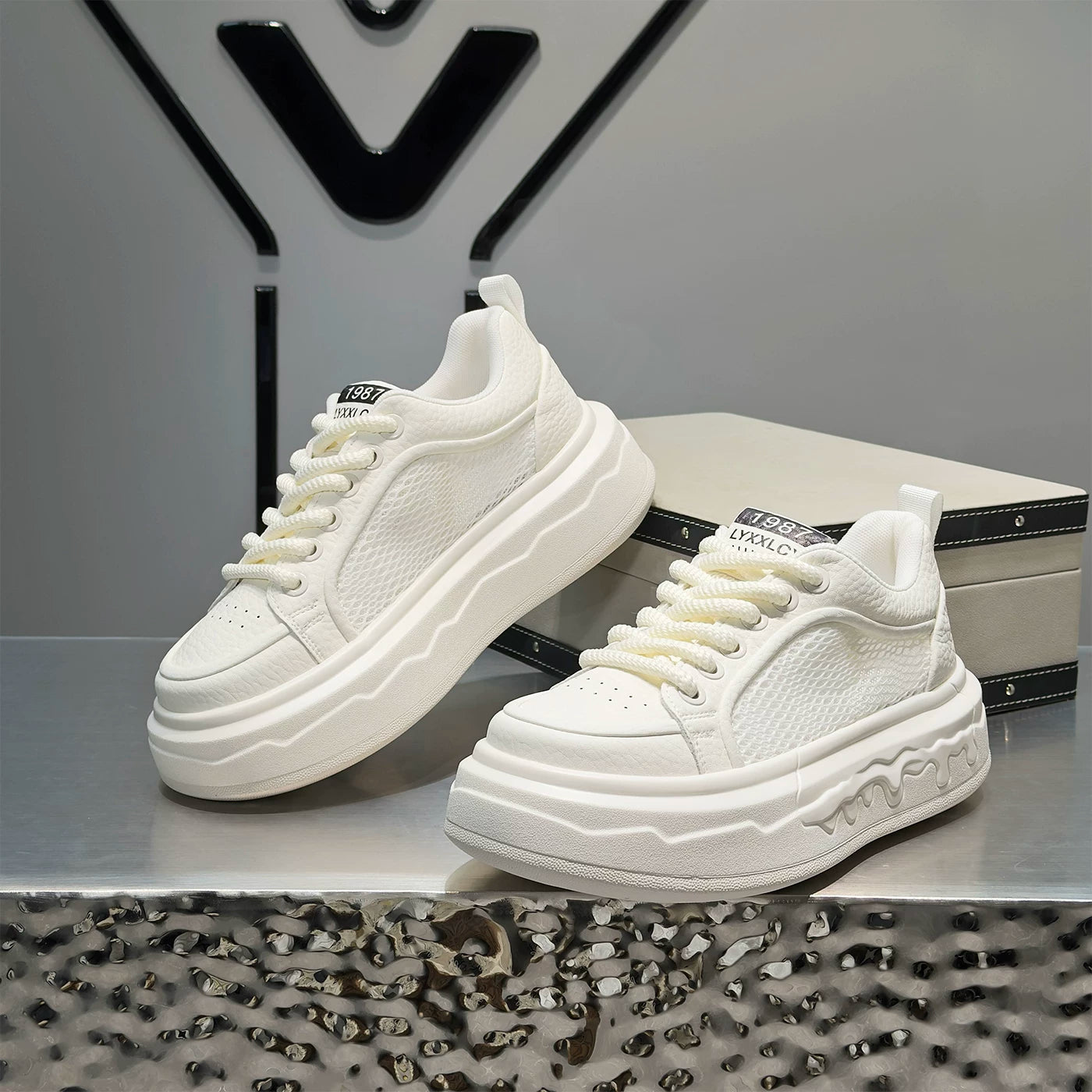 Men's Height-Increasing Platform Breathable Mesh Cut-Out White Sneakers Summer New