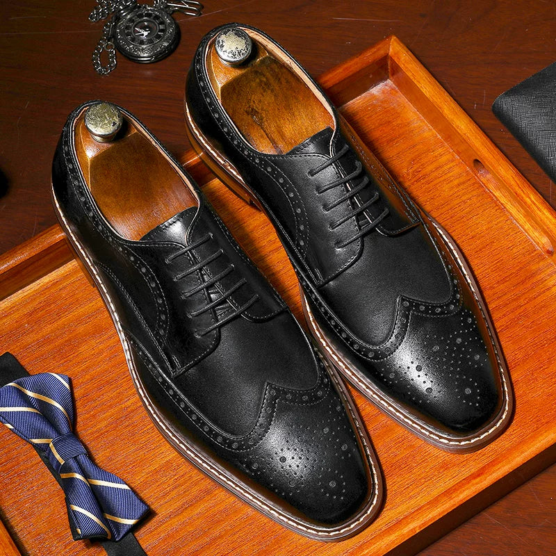 Men's Brown Genuine Leather Wedding Shoes, Height Increasing, British Style