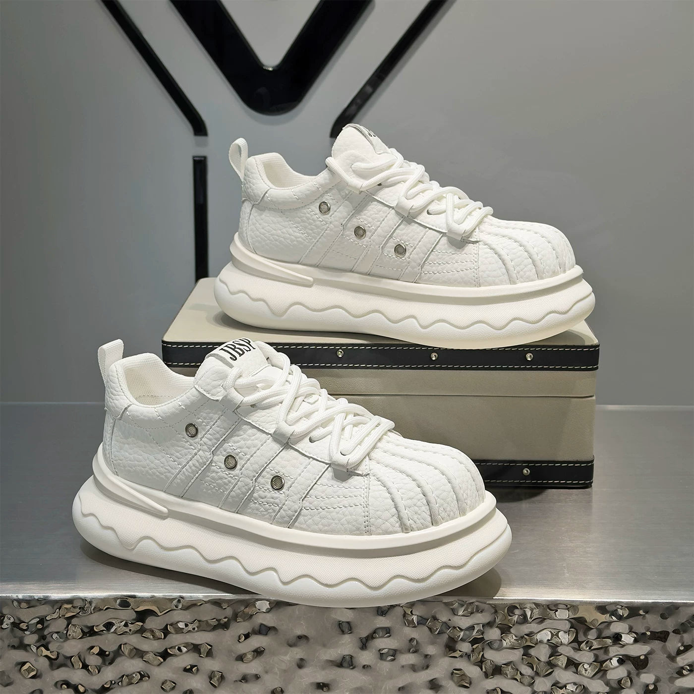 Men's Height-Increasing Platform Lace-Up Low-Top Shell-Toe White Sneakers New