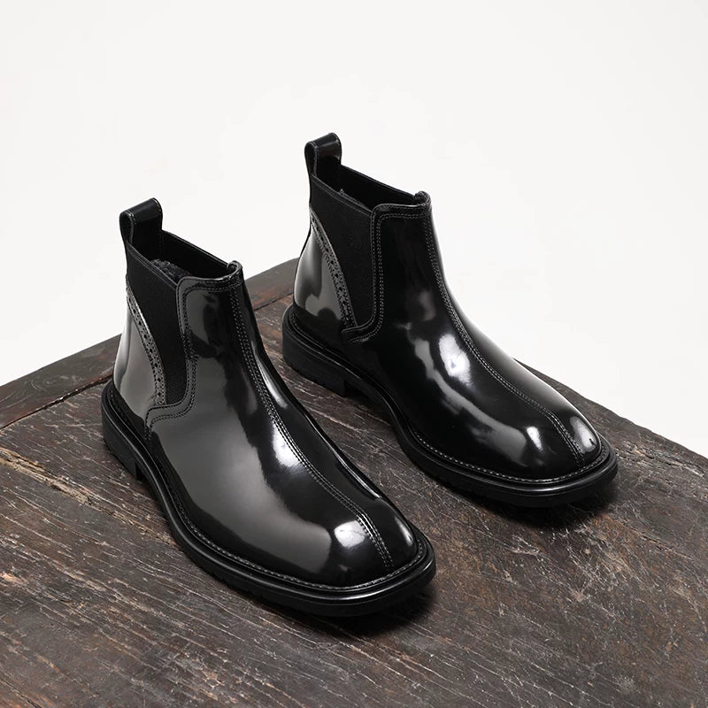 Men's Genuine Leather Chelsea Boots, Square Toe, Glossy