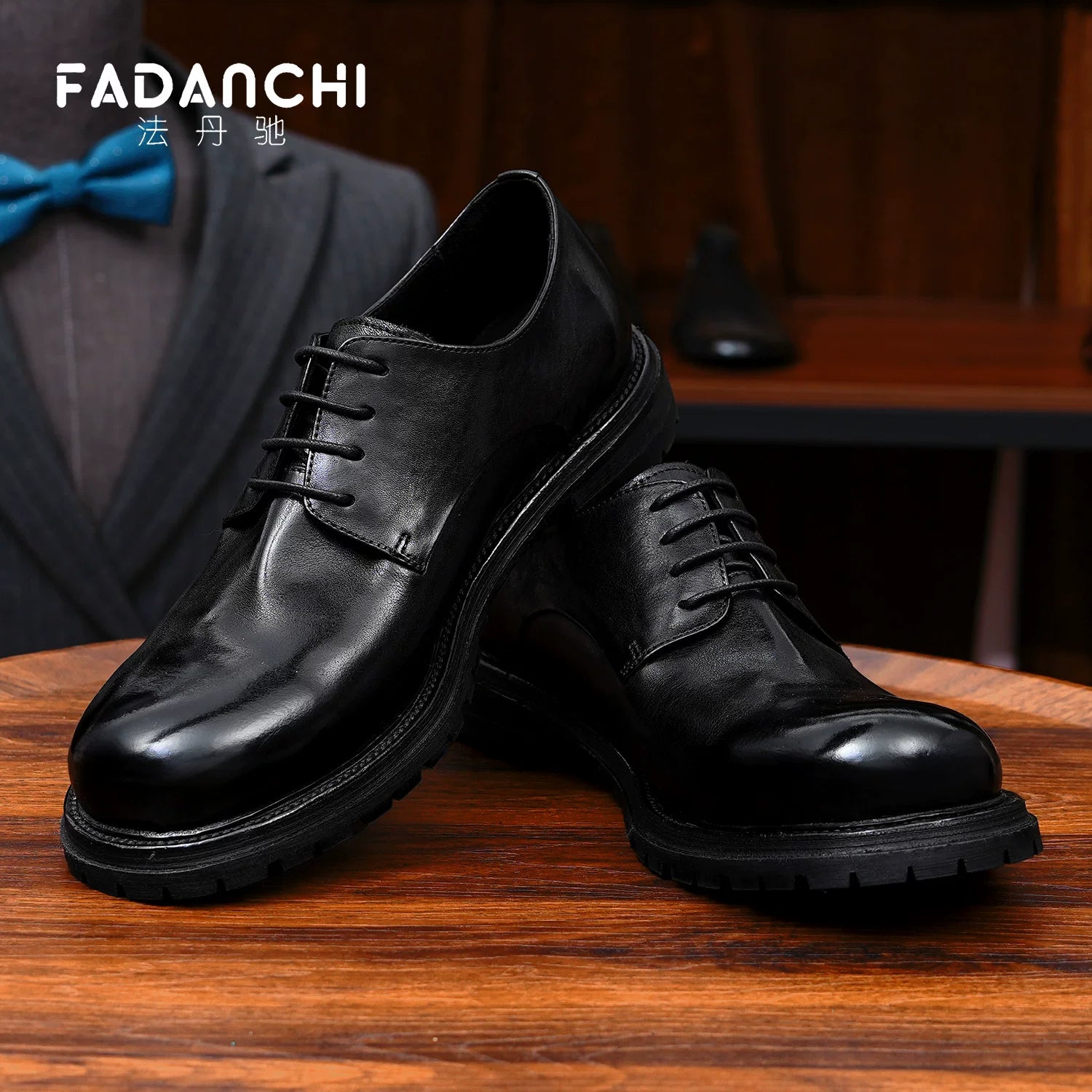 Men's Genuine Leather Derby Shoes, Handmade, Round Toe