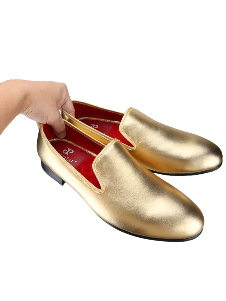 Shiny gold and silver two-color high-end cowhide handmade European and American style loafers, luxury nightclub party slip-on trendy men's shoes