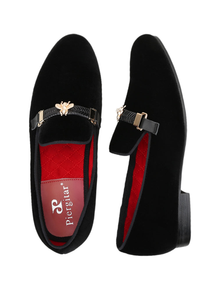 New men's European and American celebrity style imported velvet slip-ons, handmade bee buckle slip-ons, large size smoking shoes