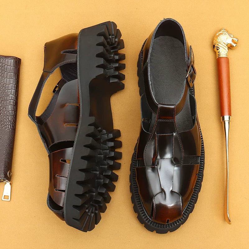 Men's Genuine Leather Sandals, Height Increasing, Thick Sole