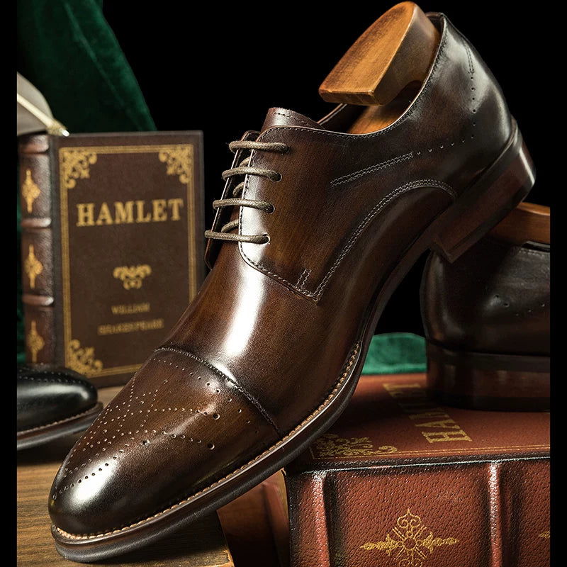 Men's Genuine Leather Derby Shoes, Pointed Toe, British Style