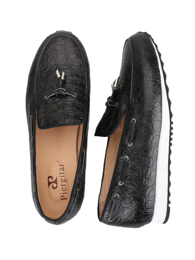 European and American style black stone texture embossed cowhide men's casual sports shoes black and white outsole tassel style slip-on shoes