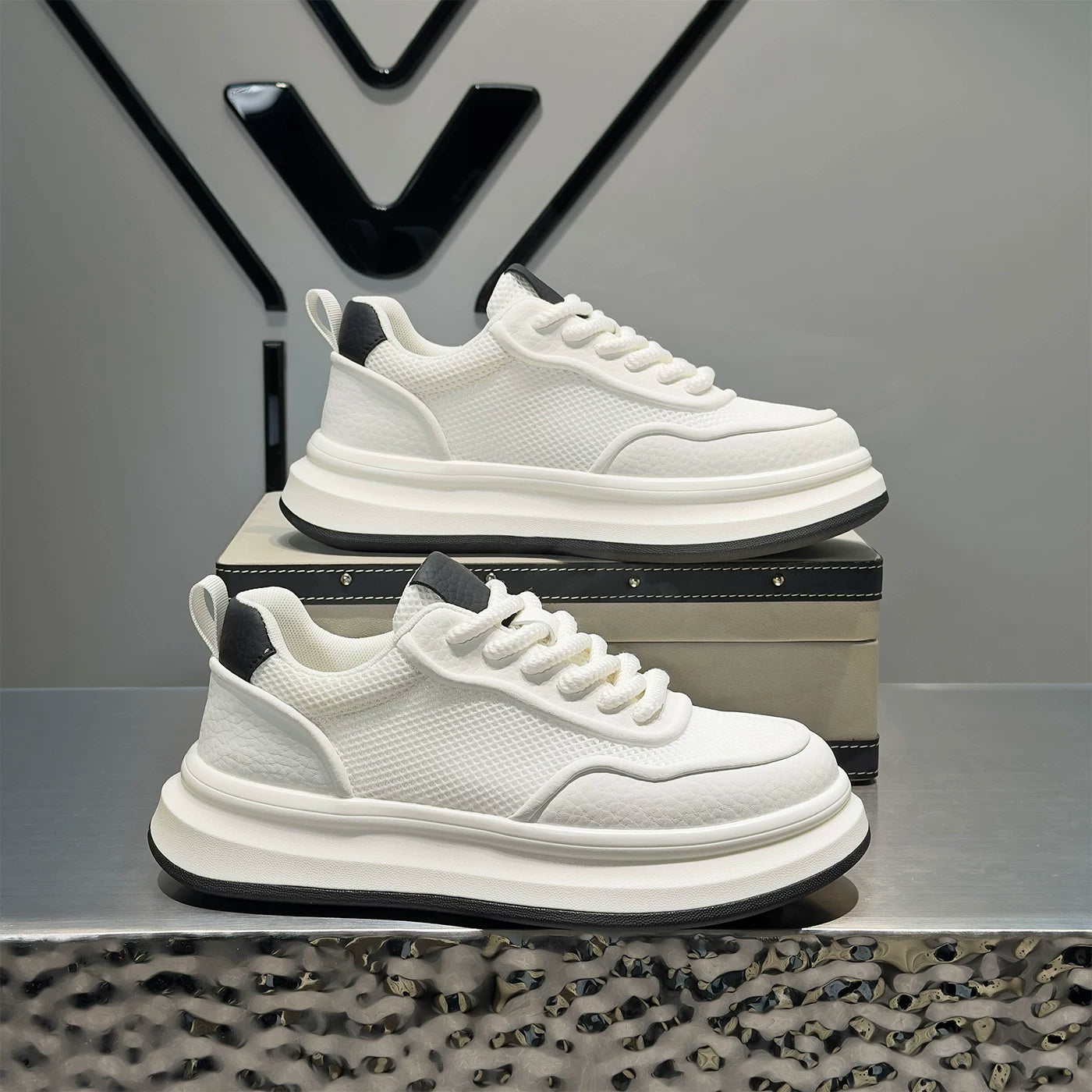 Men's Height-Increasing Platform Breathable Mesh Cut-Out White Sneakers