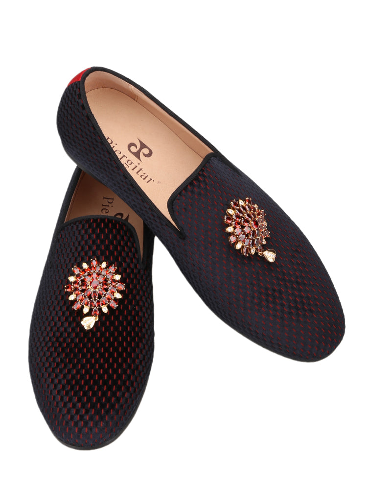 New imported red and black velvet men's smoking shoes exported to Europe and the United States rhinestone metal buckle formal loafers