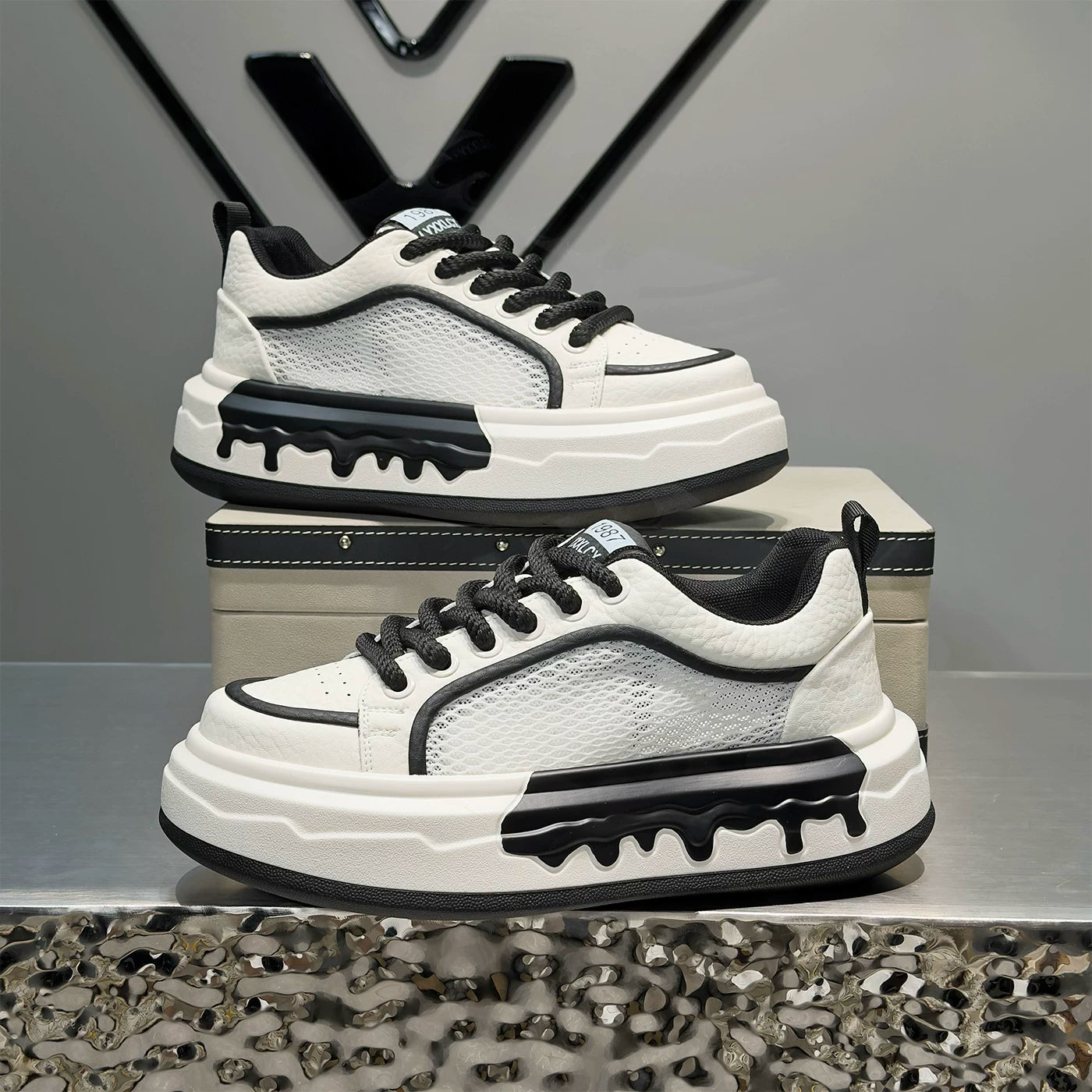 Men's Height-Increasing Platform Breathable Mesh Cut-Out White Sneakers Summer New