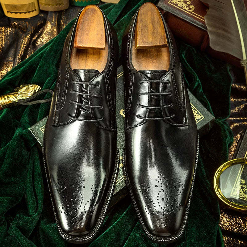Men's Genuine Leather Wedding Shoes, Square Toe, British Style