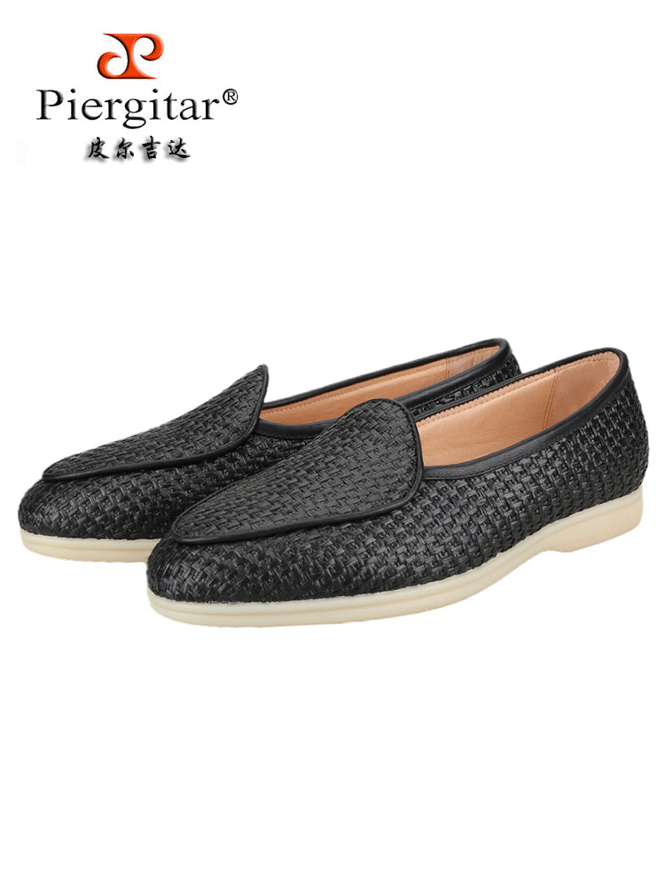 European and American style black woven raffia slip-on casual shoes milky white non-slip outsole men's sailing shoes