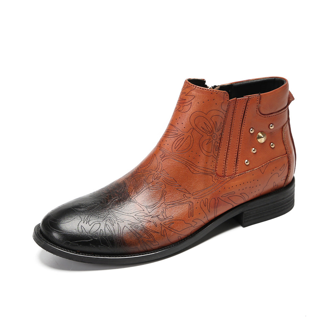 Men's Brown Leather Boots – Embroidered, Retro