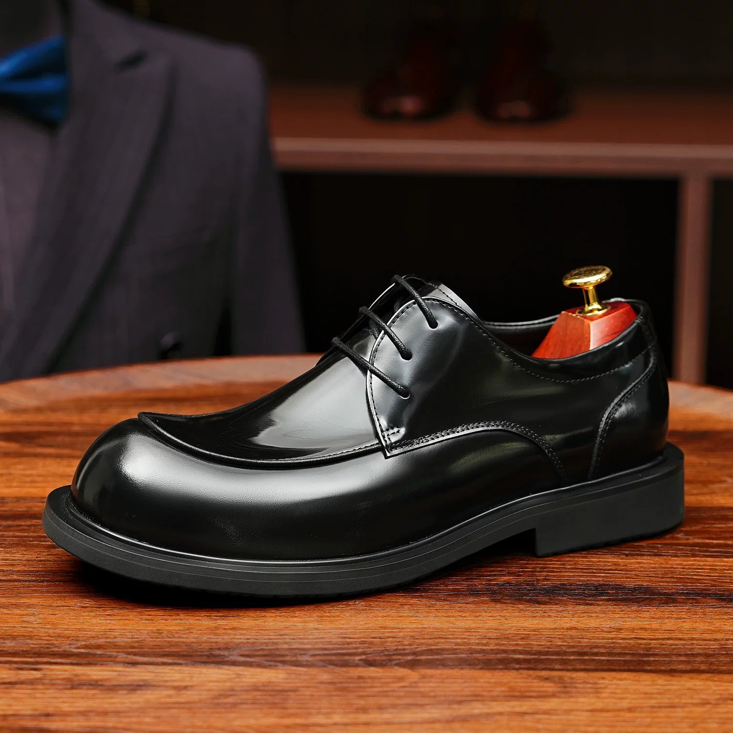 Men's Genuine Leather Derby Shoes, Round Toe, Glossy