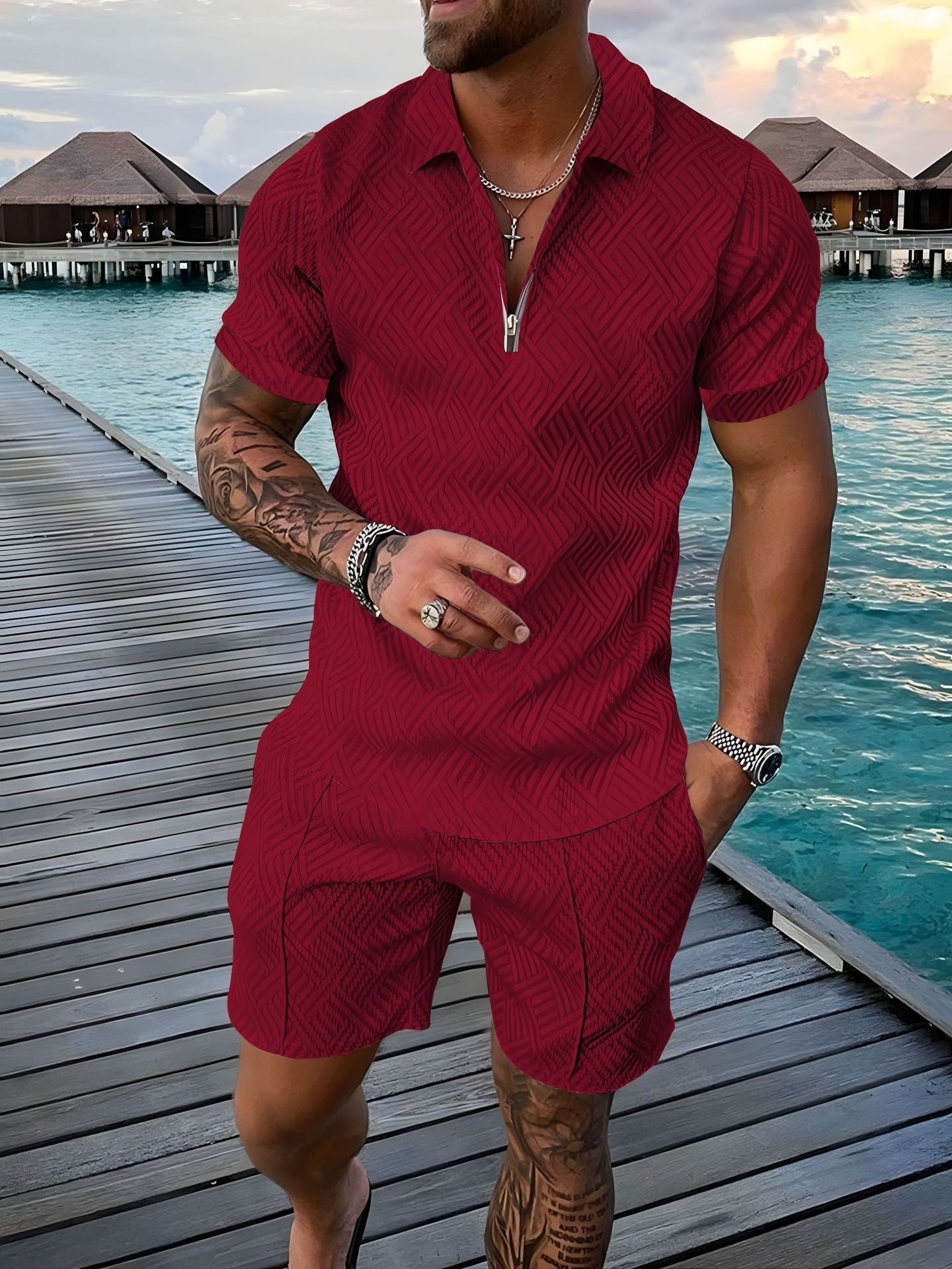 2024 European and American cross-border new men 3 solid color POLO shirt suit lapel short sleeve pullover casual men