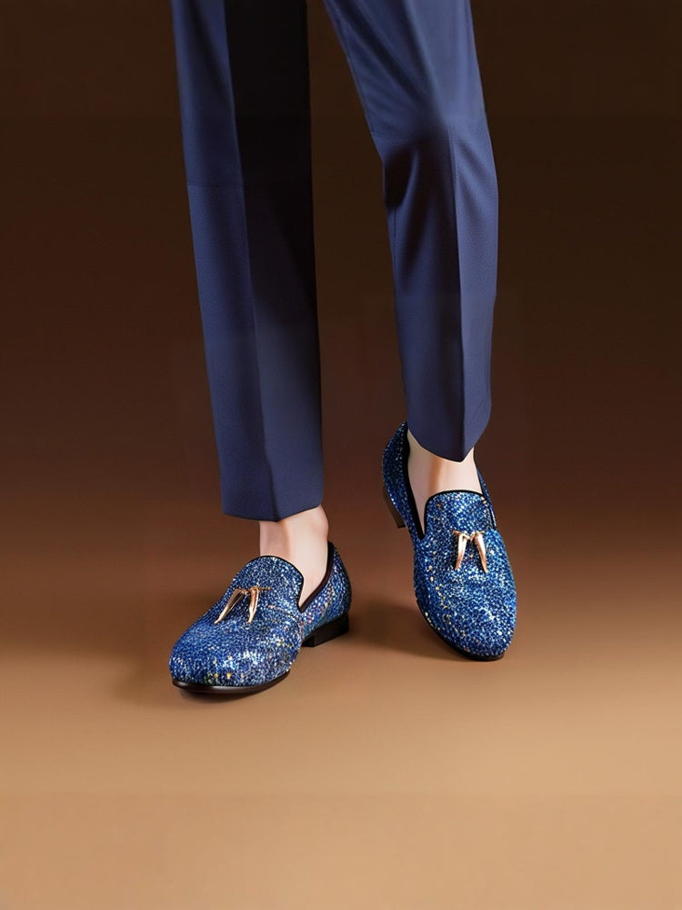 European and American style sequin cloth men's loafers GZ same style shark tooth metal tassel one-leg smoking shoes for men