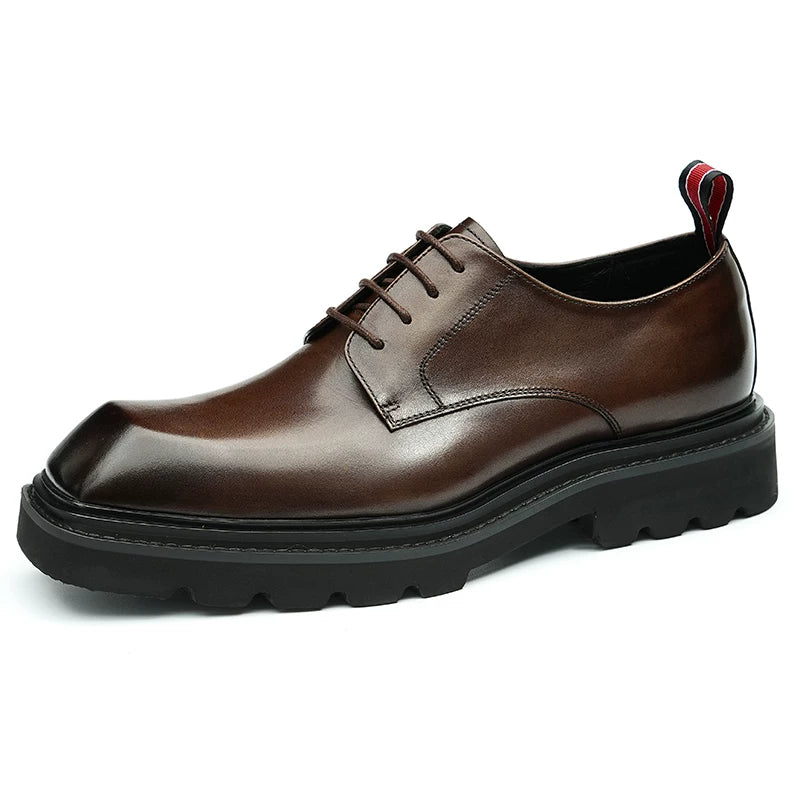 Men's Black Genuine Leather Derby Shoes, Height Increasing, Thick Sole