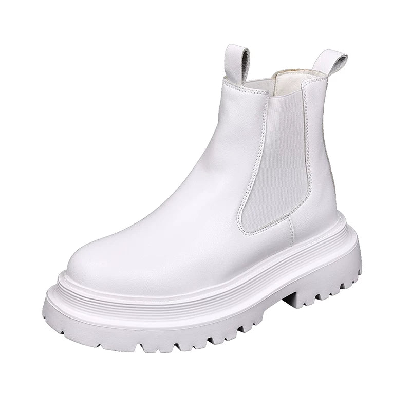 Men's White Chelsea Boots, Height Increasing, Thick Sole