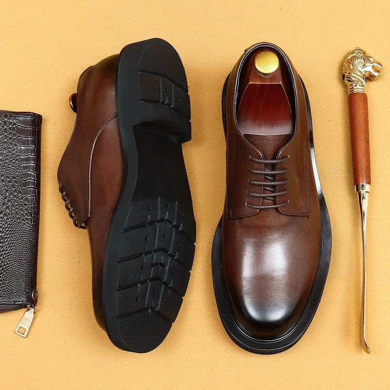 Men's Genuine Leather Derby Shoes, Round Toe, British Style