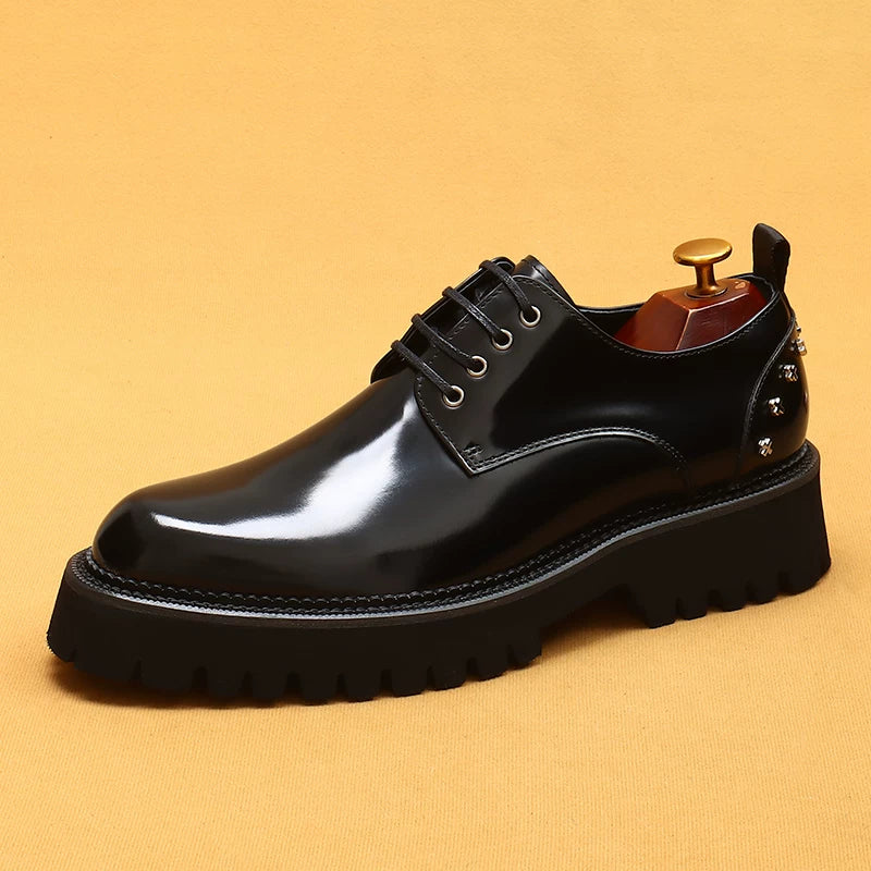 Men's Black Genuine Leather Leather Shoes, Height Increasing, Thick Sole