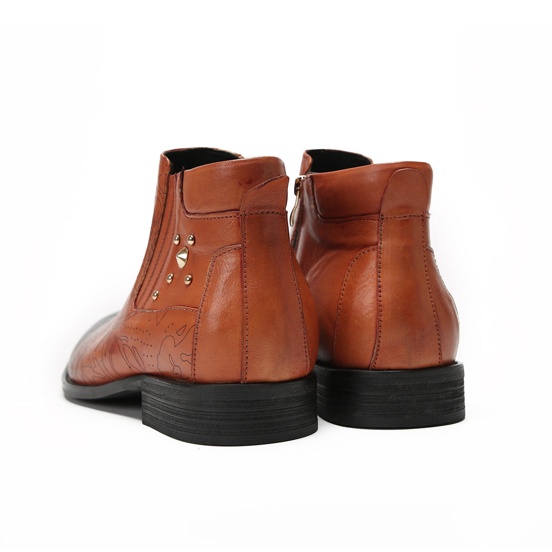 Men's Brown Leather Boots – Embroidered, Retro