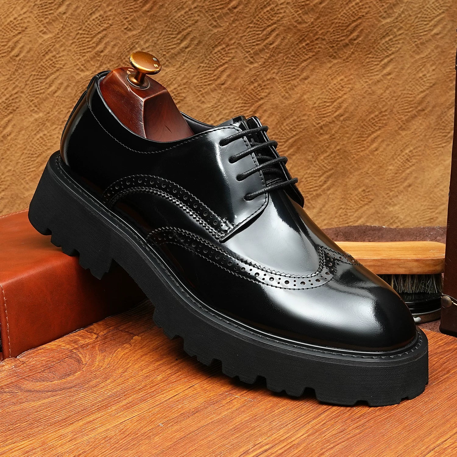 Men's Patent Leather Derby Shoes, Height Increasing, Thick Sole