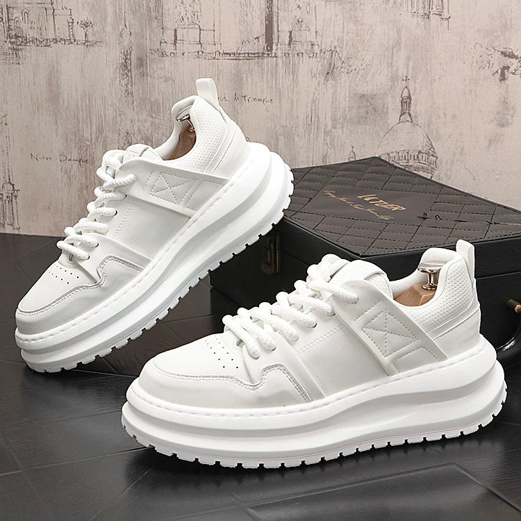 Men's Hidden-Wedge Platform Breathable Lace-Up Low-Top White Sneakers