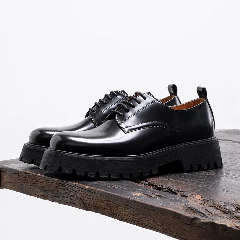 Men's Black Derby Shoes, Height Increasing, Thick Sole