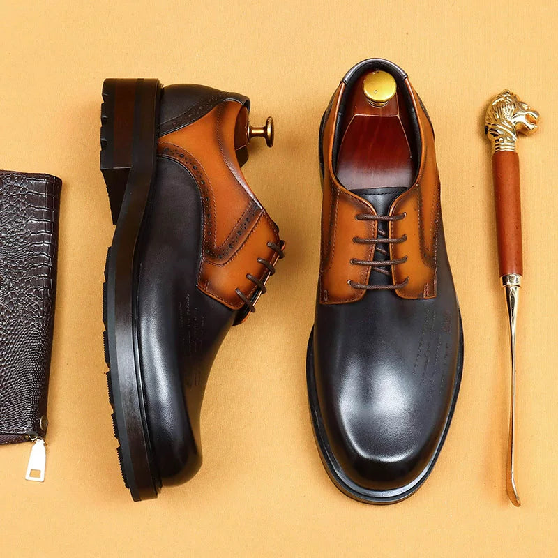 Men's Genuine Leather Derby Shoes, Thick Sole, Round Toe