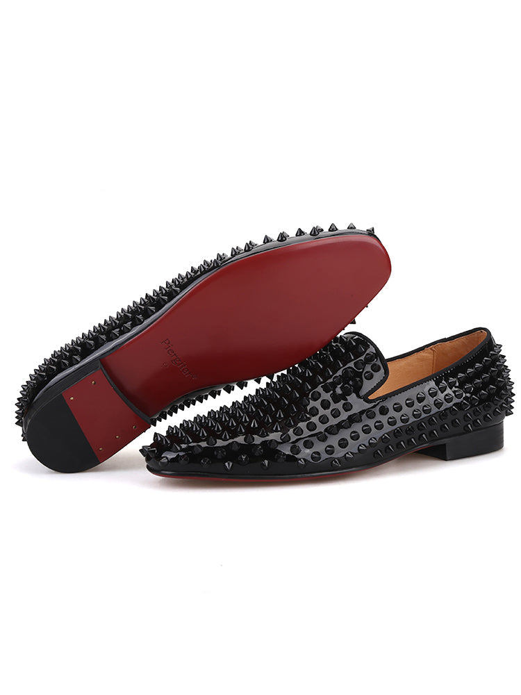 PIERGITAR men's patent leather handmade loafers European and American style black rivet shoes large size one-leg trendy shoes for men
