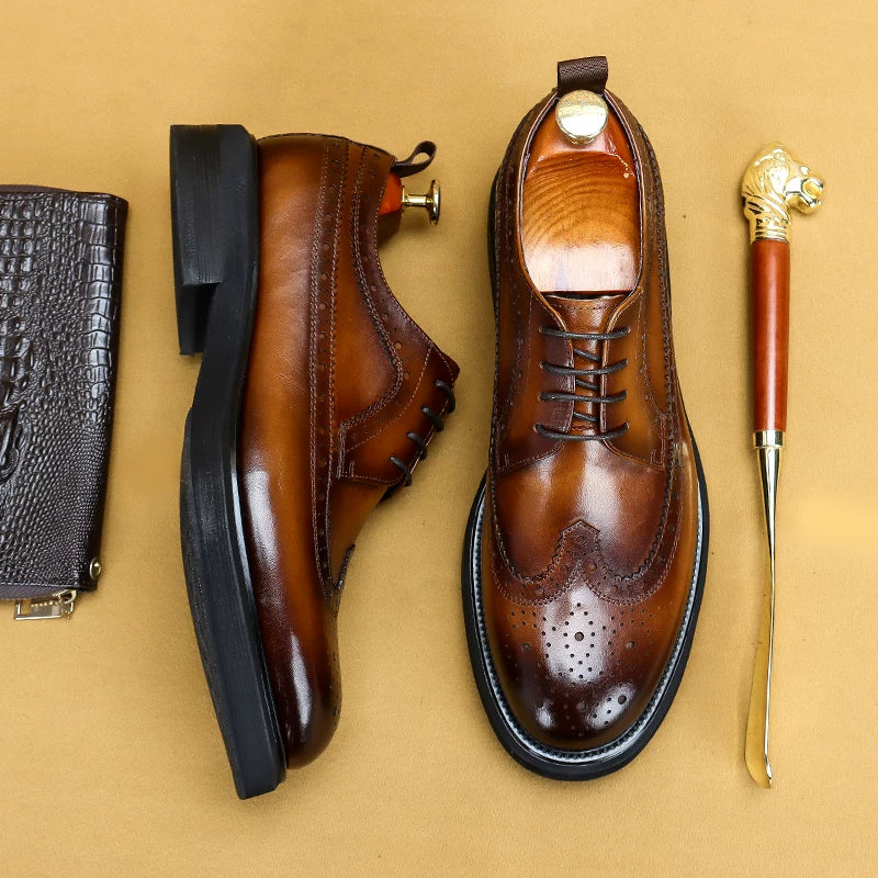 Men's Brown Genuine Leather Leather Shoes, Height Increasing, Thick Sole