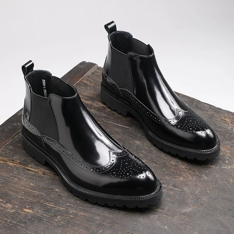 Men's Genuine Leather Chelsea Boots, Pointed Toe, Glossy
