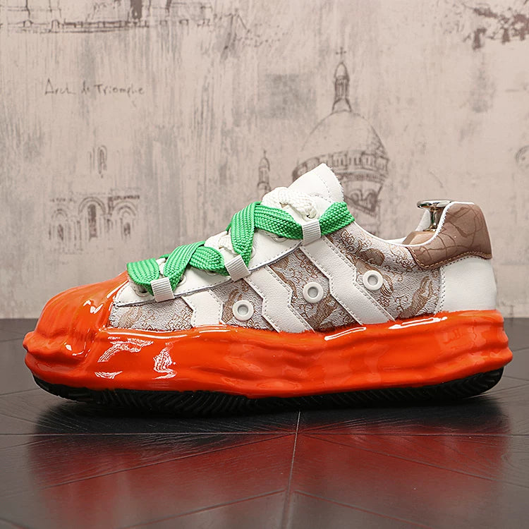 Men's Platform Low-Top Genuine Leather Korean Style Color-Block Skate Shoes