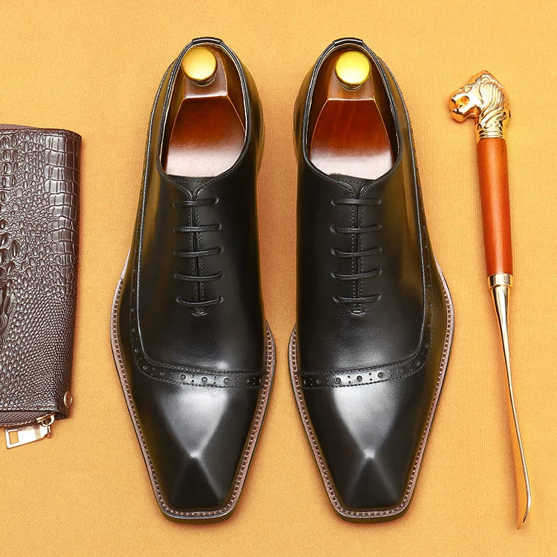 Men's Genuine Leather Leather Shoes, Square Toe, British Style